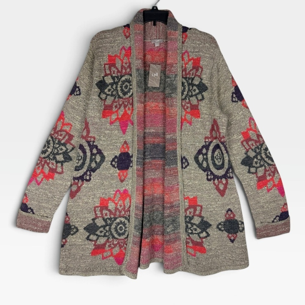 J. Jill Cardigan Sweater Open Front Womens M Grey Red Geometric Mandala NWT